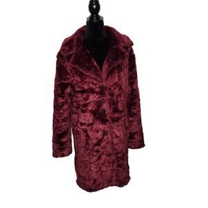 ett:twa Anthropologie Faux Fur Coat Womens S Burgundy Wine Red Plush Jacket